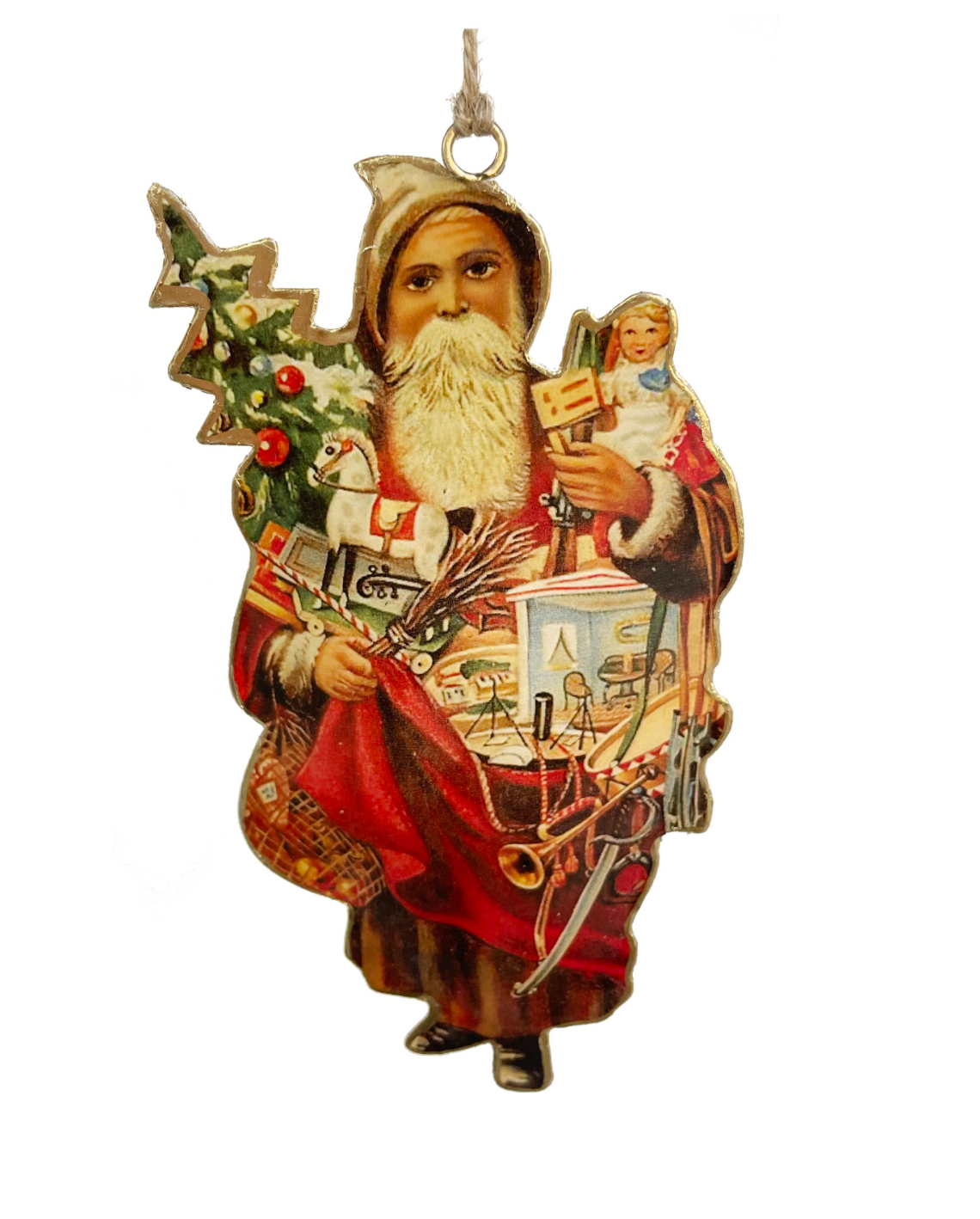 7" Metal Ornament Santa with Tree