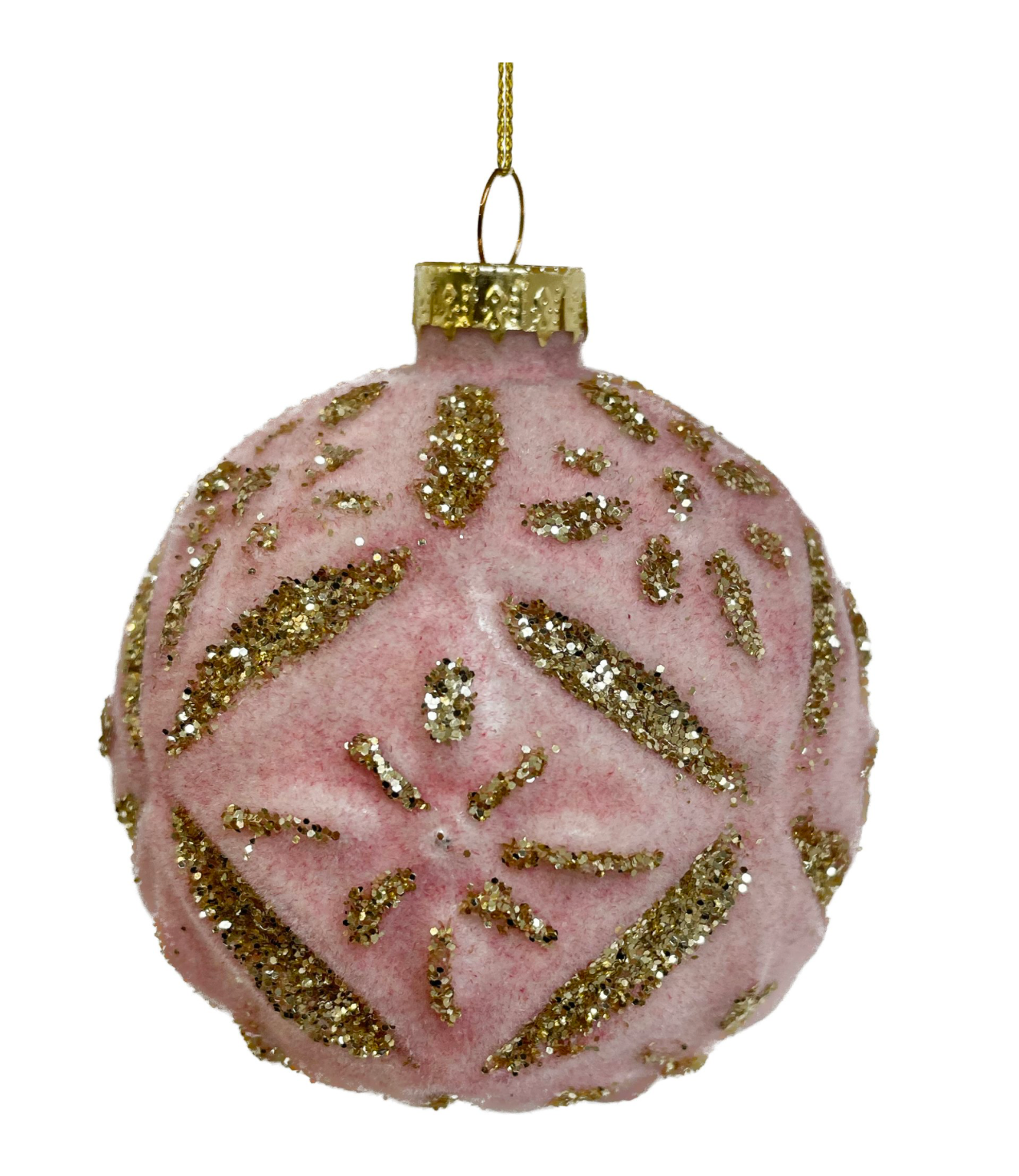 3" Glass Ornament- Pink Velvet w/ Gold Glitter Flowers