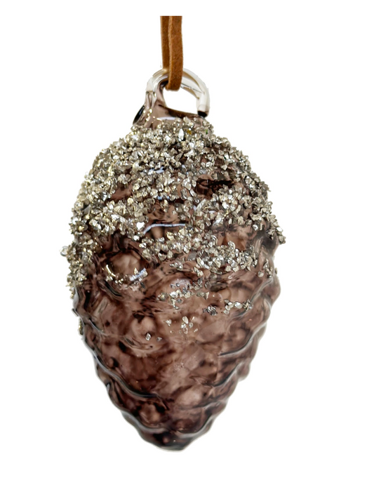 2.5" Transparent Glass Pinecone Ornament- Brown & Silver Glitter