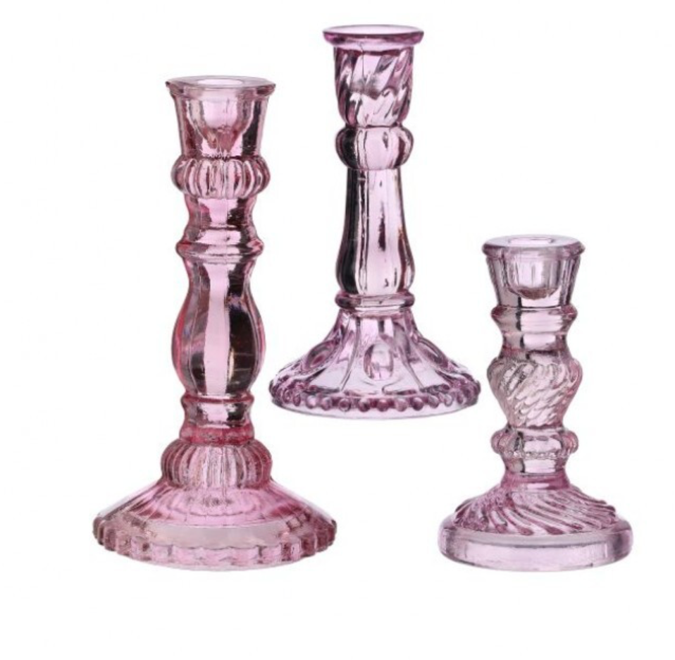 6-9" Vintage Frosted Glass Candle Holder- Hot Pink