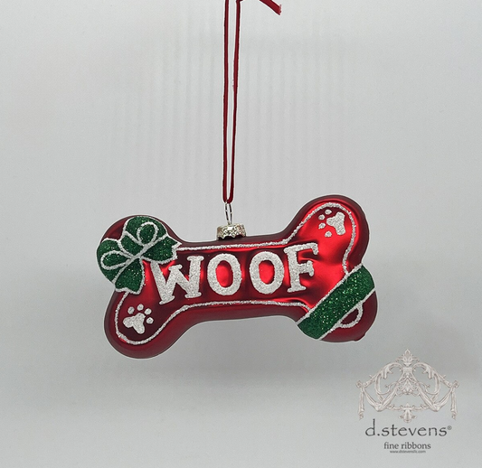 "Woof" dog bone, red green