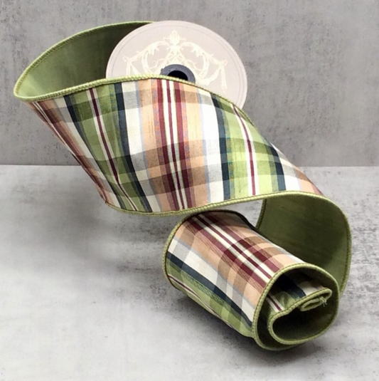 4" x 10yds dupion madras plaid, ivory green cranberry