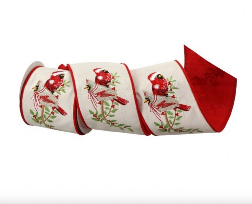 4" Embroidered Dupion Cardinal with Holly