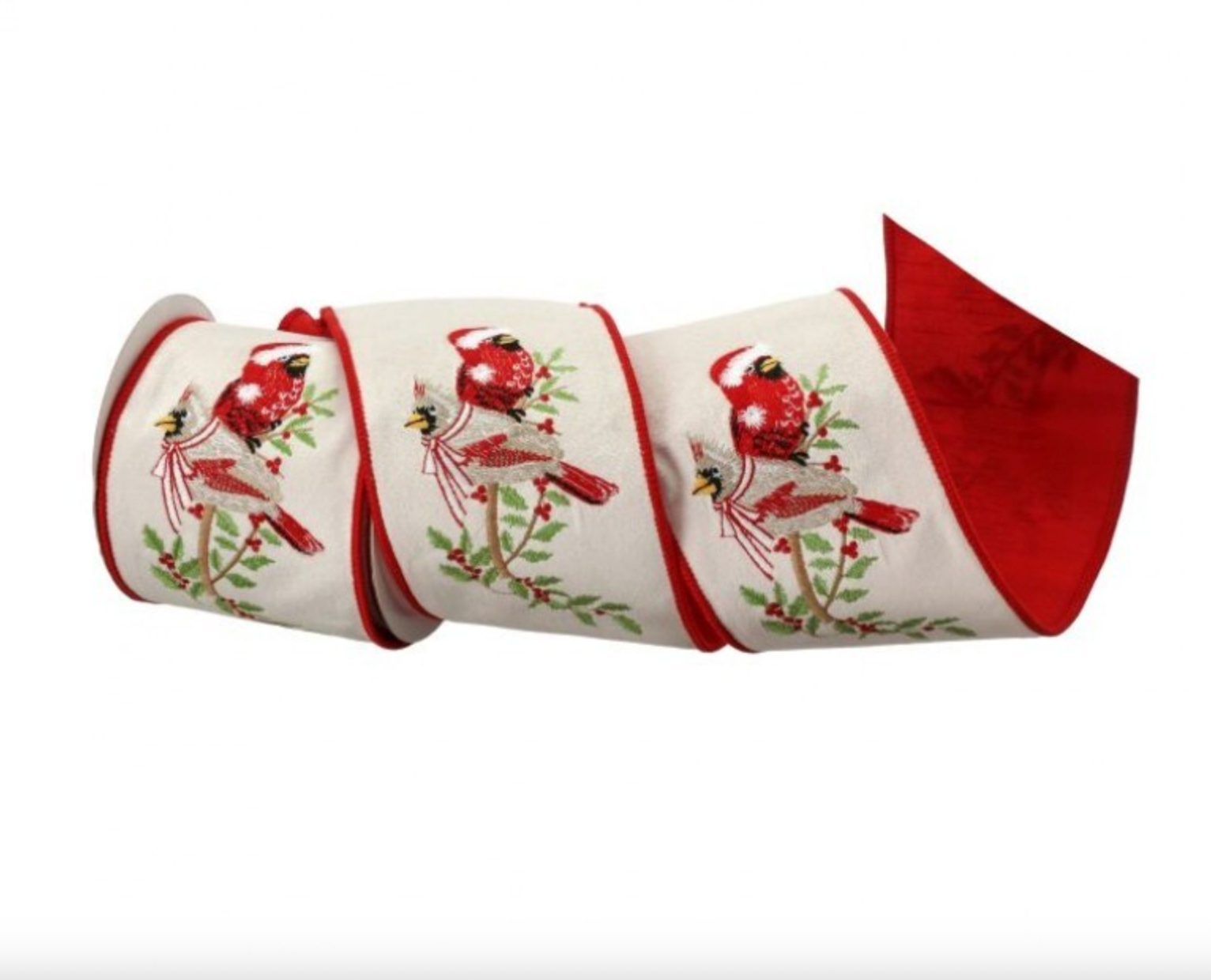 4" X 5Y Embroidered Dupion Cardinal with Holly