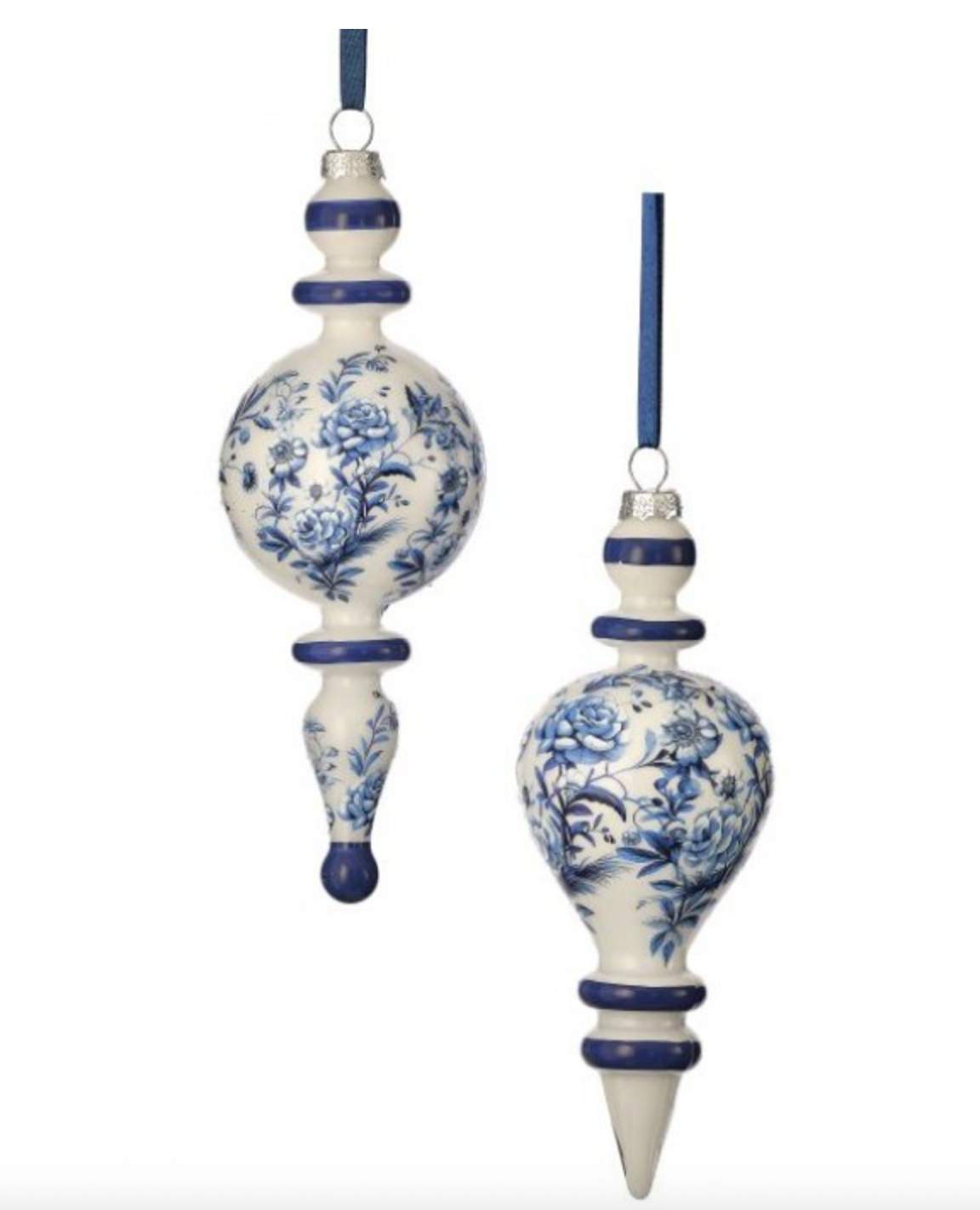 Two decorative ornaments with blue floral patterns on a white background