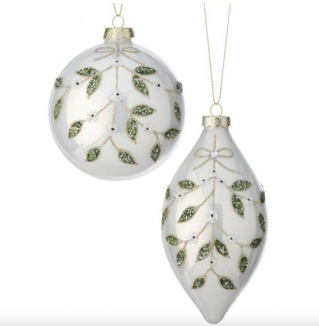 4-6"GLASS PEARL W/LEAF BALL/FINIAL ORNAMENTS