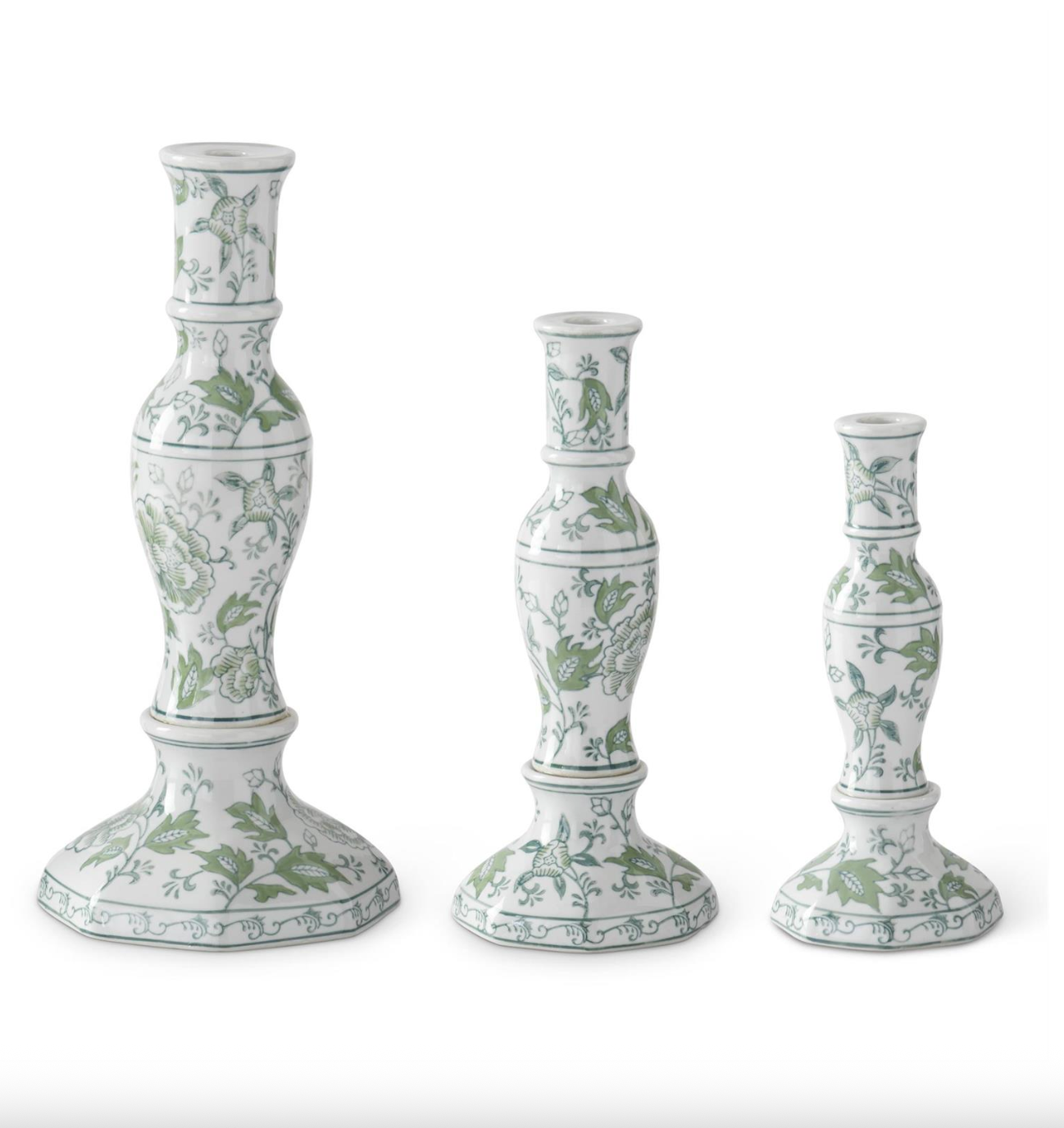 Green & White Floral Ceramic Taper Candleholders (SIZE OPTIONS)