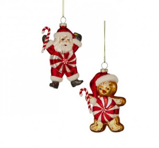 5" GLASS CANDY SANTA OR GINGERBREAD ORNAMENT