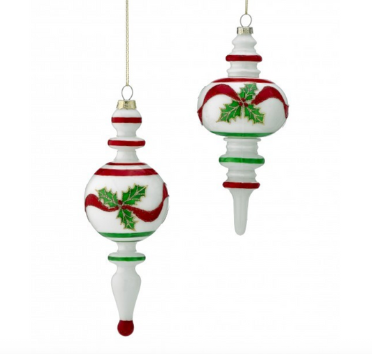 7.5" GLASS HOLLY RIBBON FINIAL ORNAMENT