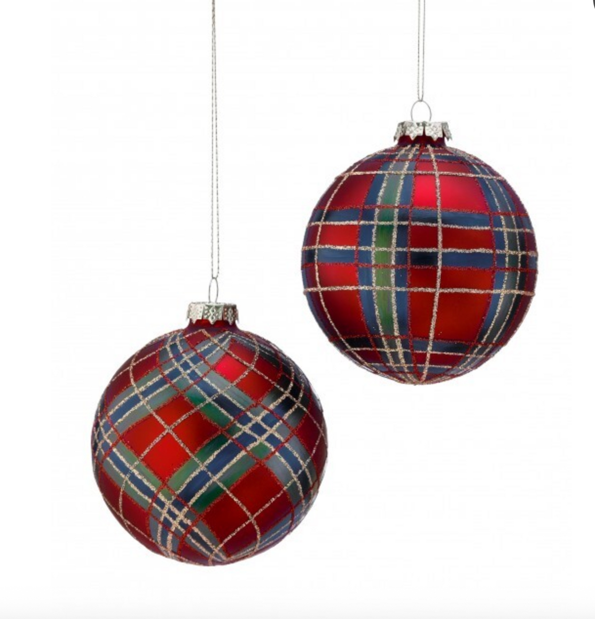 4" GLASS PLAID GLITTER ORNAMENT