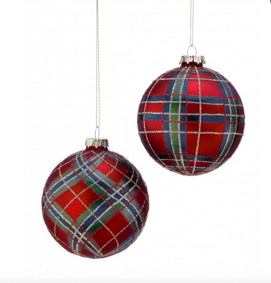 4" GLASS PLAID GLITTER ORNAMENT