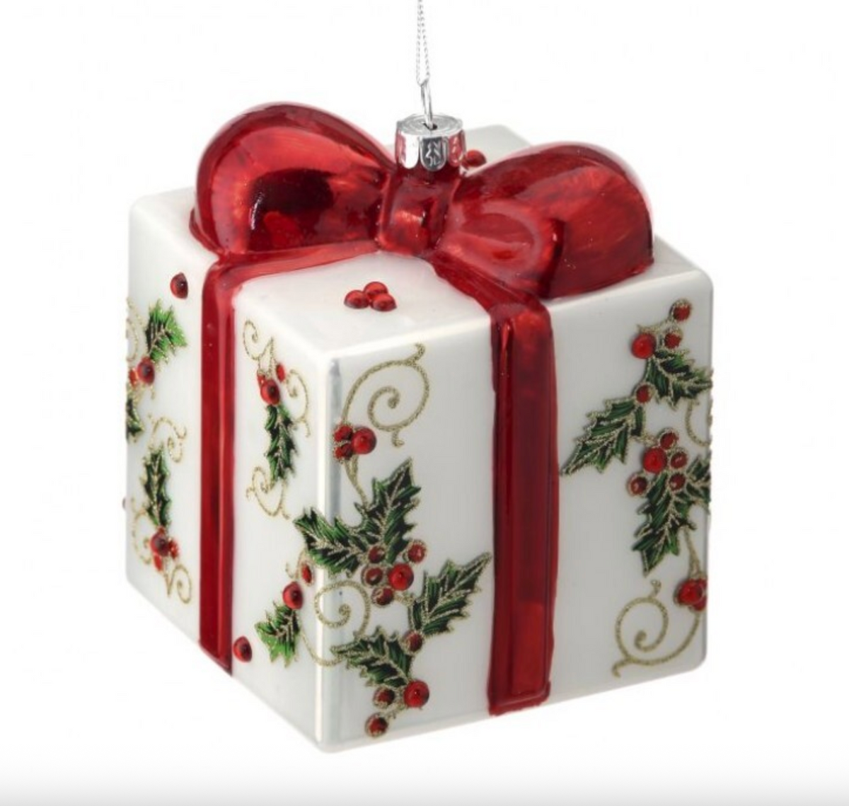 5" GLASS GIFT BOX w/HOLLY ORNAMENT