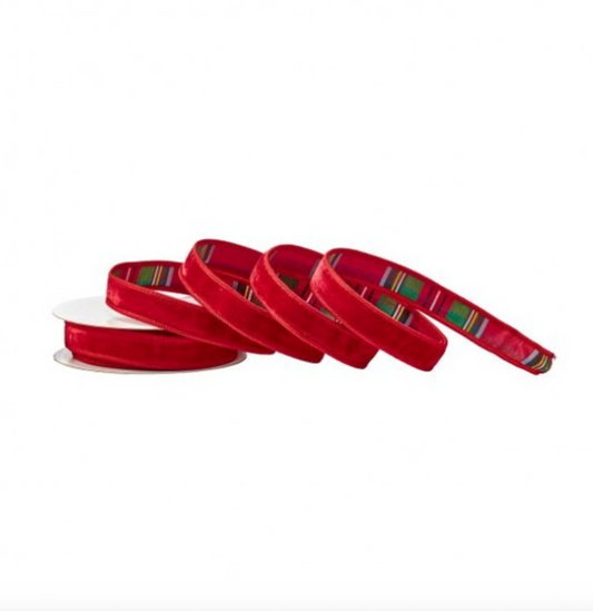 1" RED/GREEN VELVET W/PLAID BACKING RIBBON- SOLD BY THE YARD