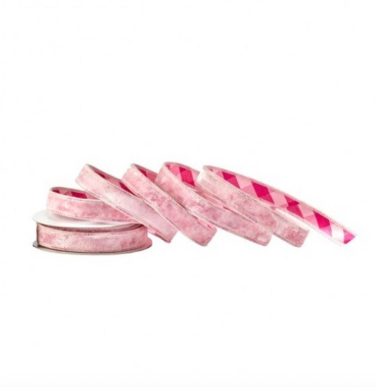 1" BLUSH/PINK VELVET W/PRINCESS PINK PLAID BACK RIBBON- SOLD BY THE YARD