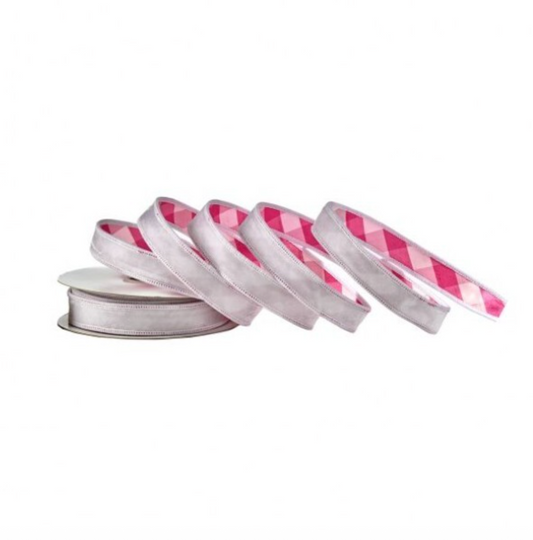 1" IVORY VELVET W/PRINCESS PINK PLAID BACK RIBBON