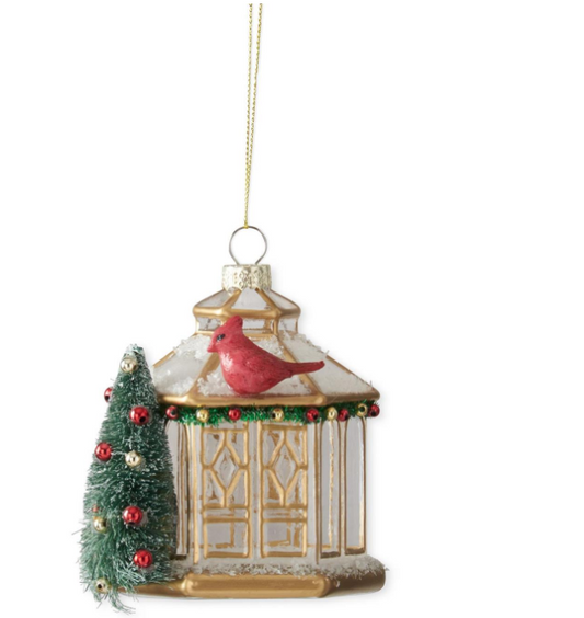 4 Inch Glass Gazebo w/Bottle Brush Tree & Bird Ornament