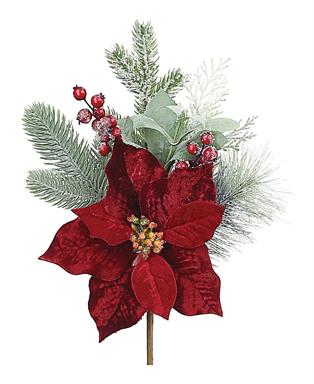 Poinsettia on Frosted Pine Pick