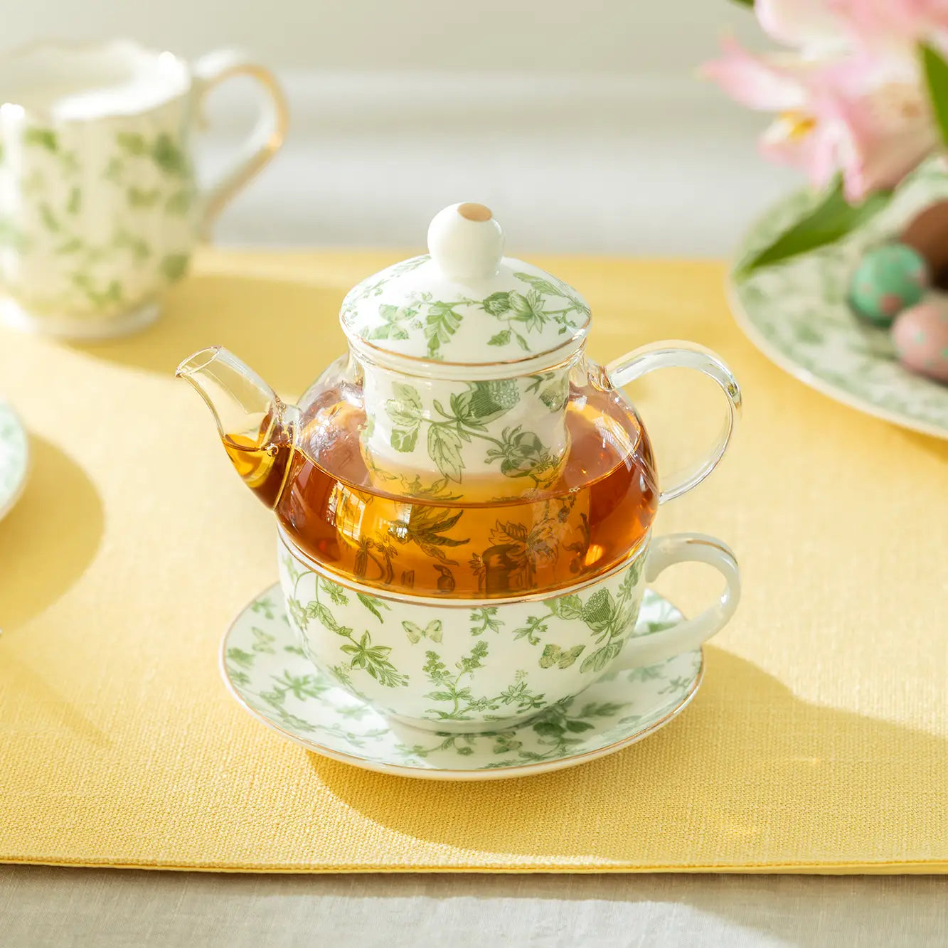 Greeny Garden Glass and Fine Porcelain Tea For One Set (with Box)