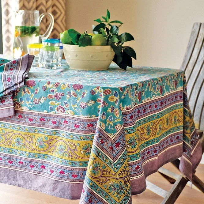 Joy Grey Aqua Linen Tablecloth