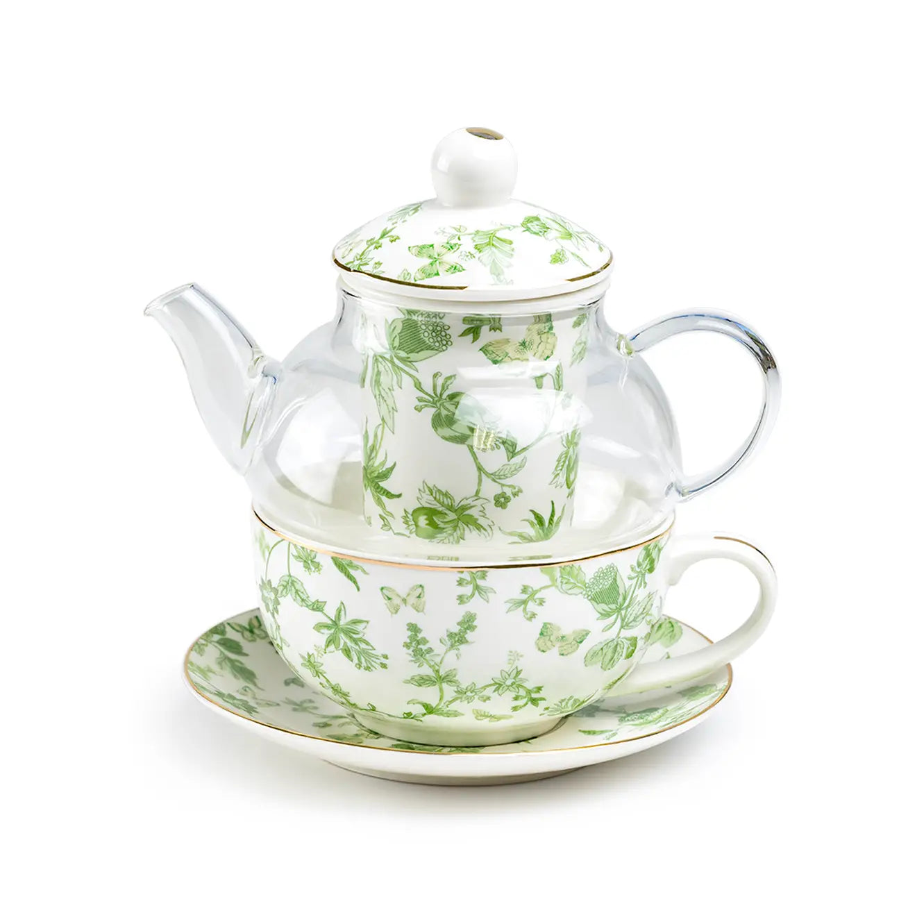 Greeny Garden Glass and Fine Porcelain Tea For One Set (with Box)