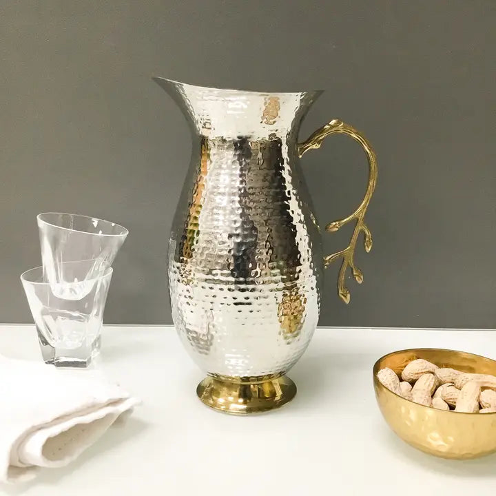 Round Hammered Stainless Steel Pitcher w/ Gold Leaf Handle