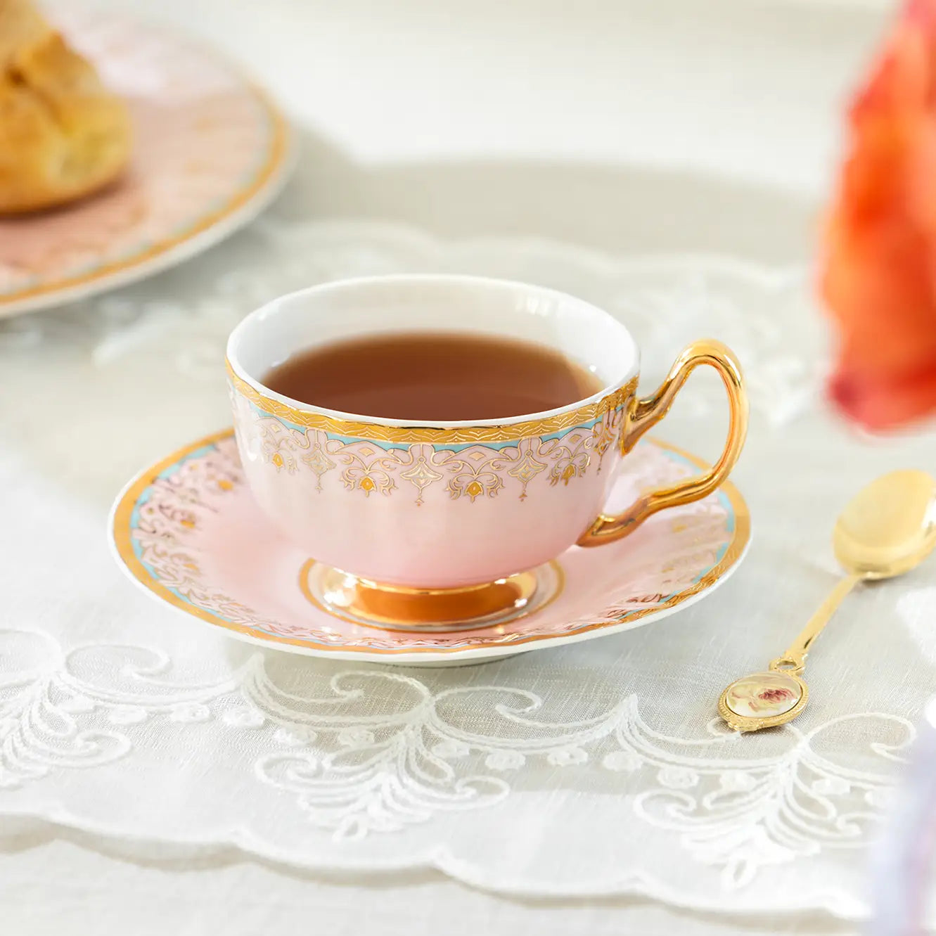 Pink Floral Toile 6oz Fine Porcelain Tea Cup and Saucer (with Box & Mini Spoon)