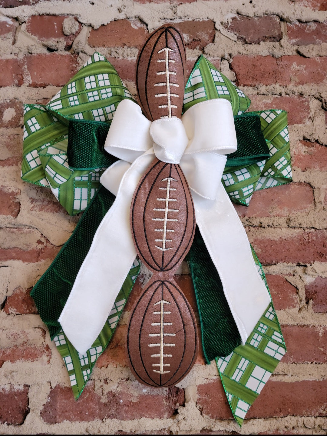 Green and White Football Bow