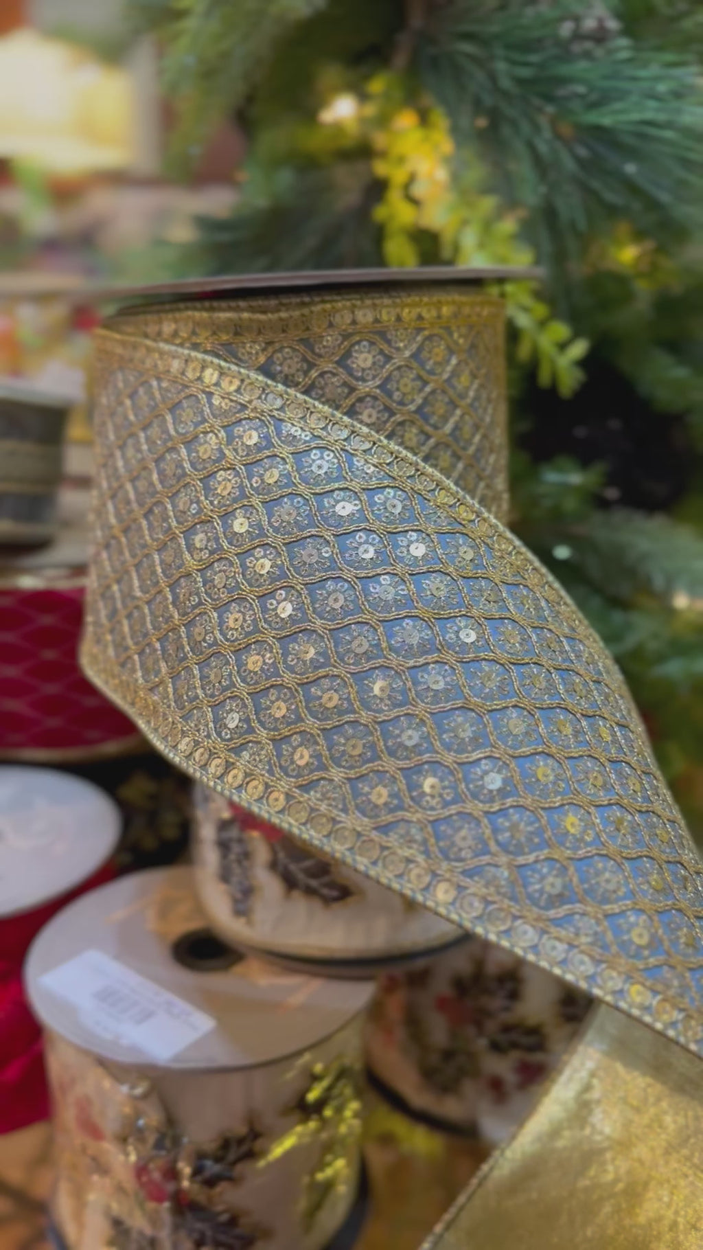 4.5" Dupion Bourges Gold Sequin Bullion Trim, Dusty Blue