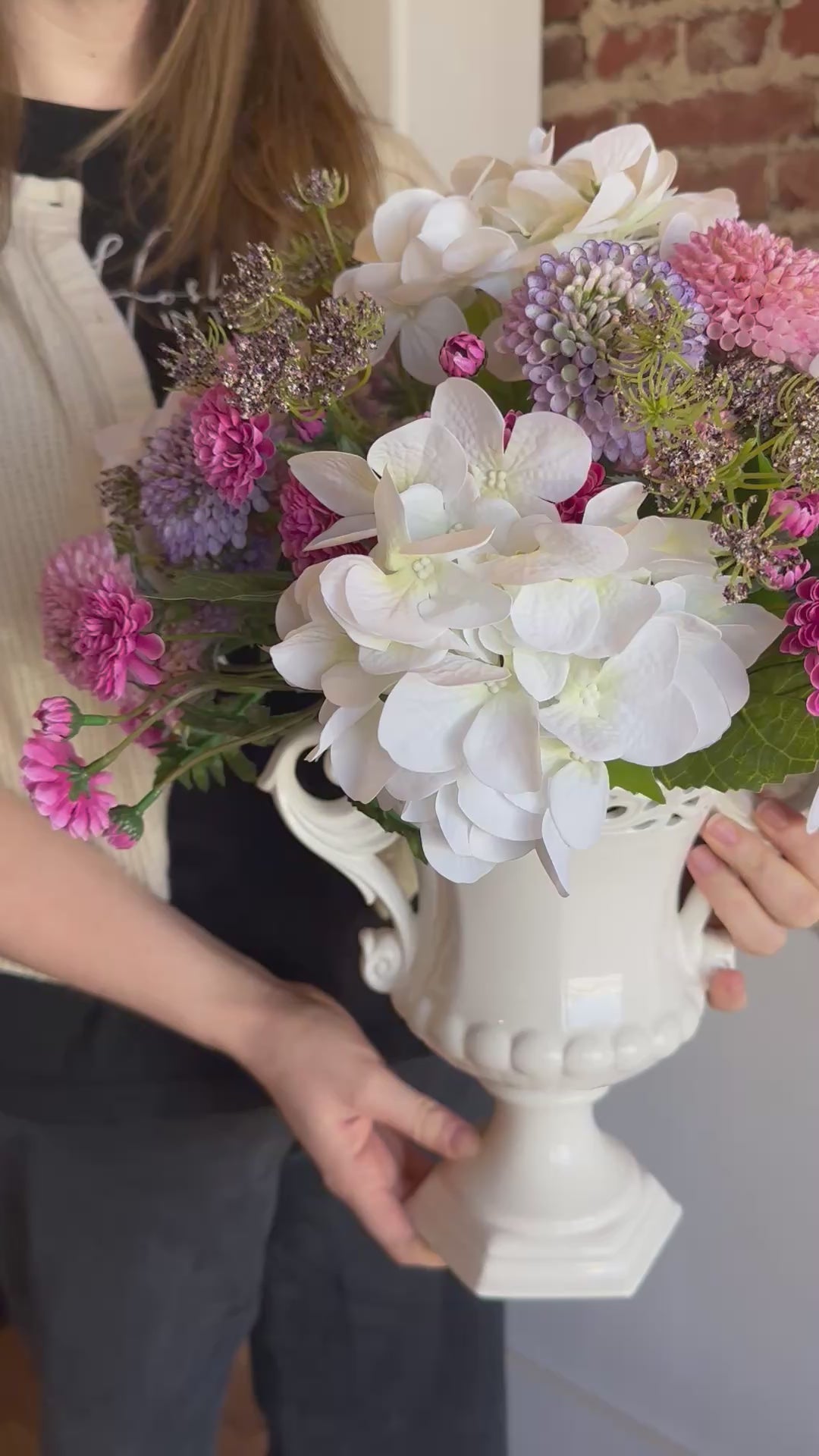 White Hydrangea & Pink/Purple Scabiosa in White Handle Vase