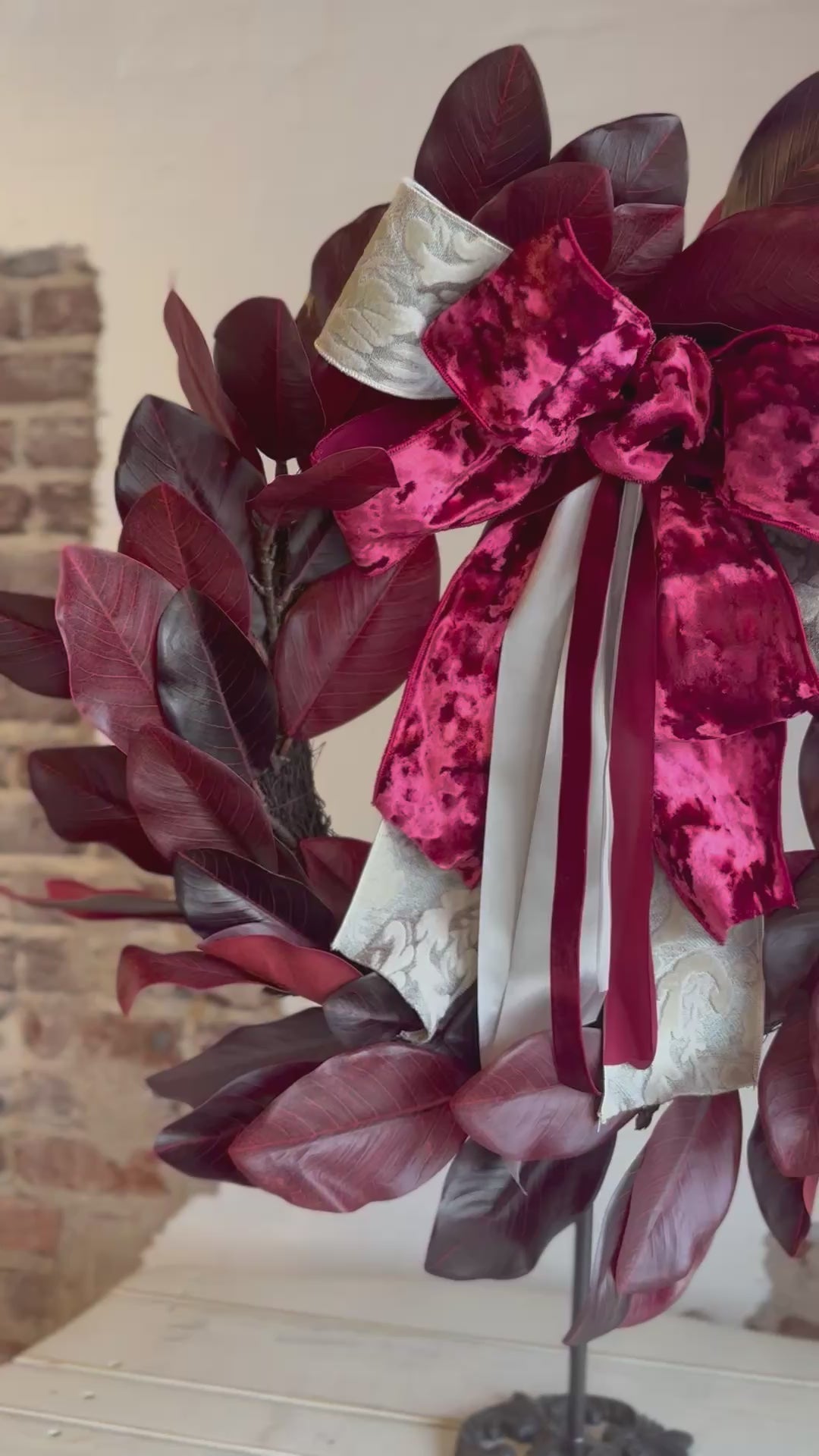 Cream Jacquard Acanthus Ribbon and Burgundy Magnolia Wreath