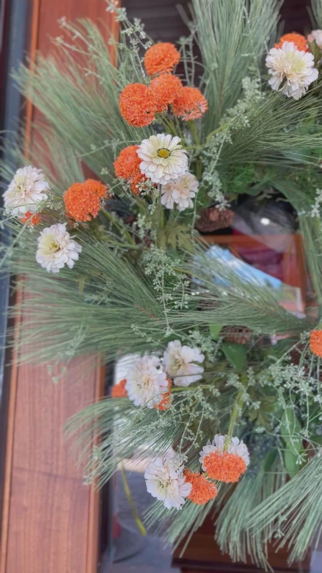 Zinnias and Orange Puffs Wreath
