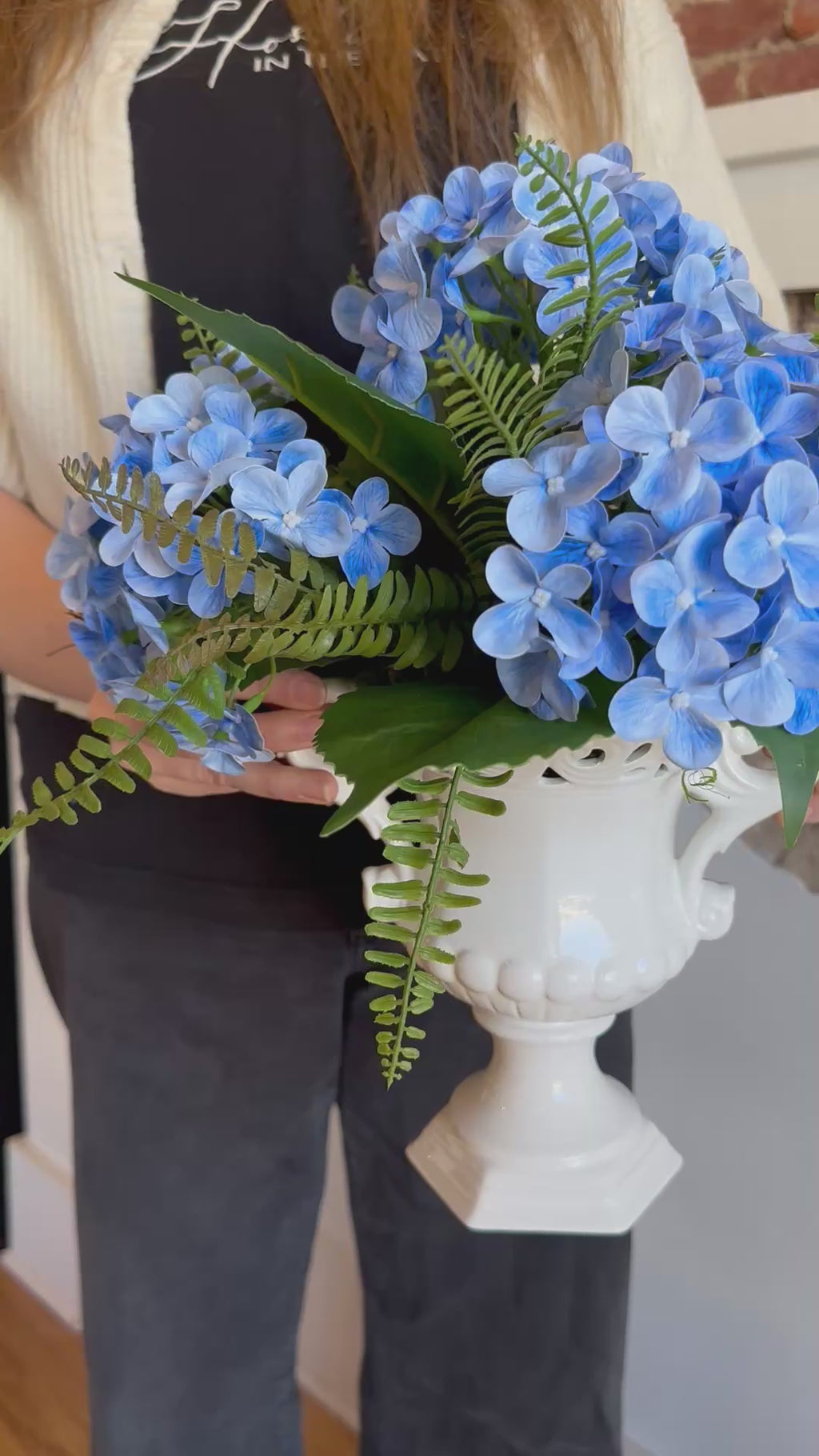 Blue Hydrangea Fern in White Handled Vase