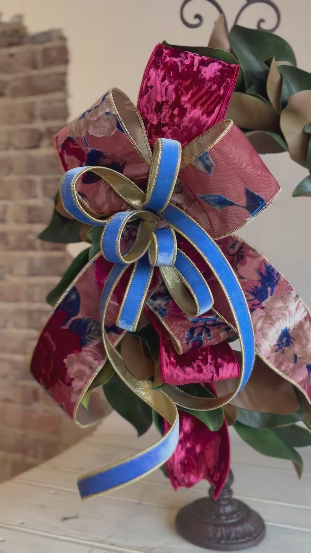 Dark Pink with a touch of Blue Velvet Floral Ribbon and Magnolia Wreath