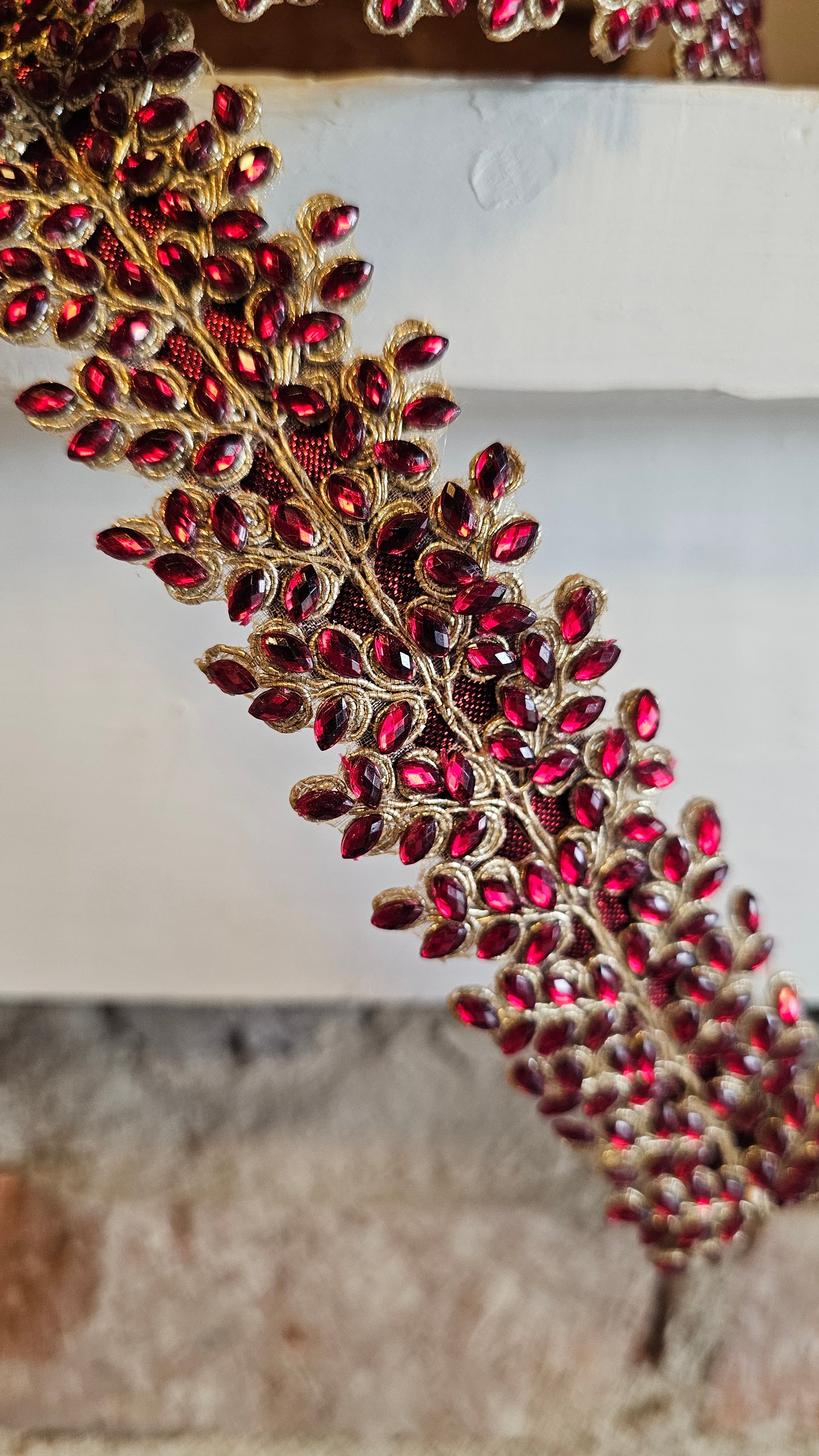 05-0085 1.5"x10yds faux metallic dupion ruby crystal branch trim, dark red