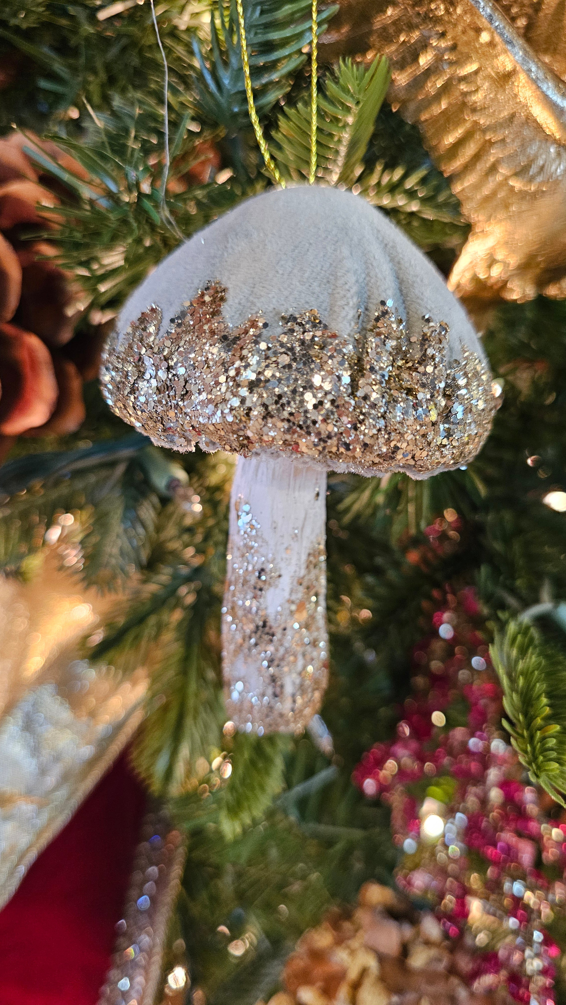 5" Velvet Mushroom Ornament- Mint Green with Gold Glitter