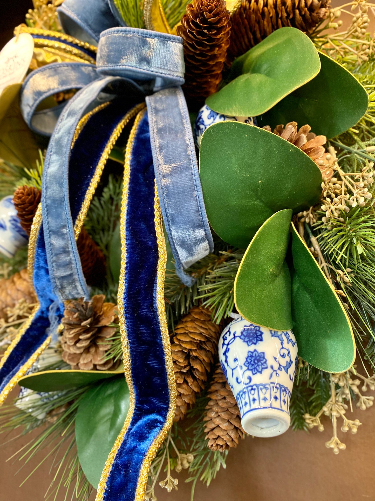 Blue Velvet & Pine Cones Wreath