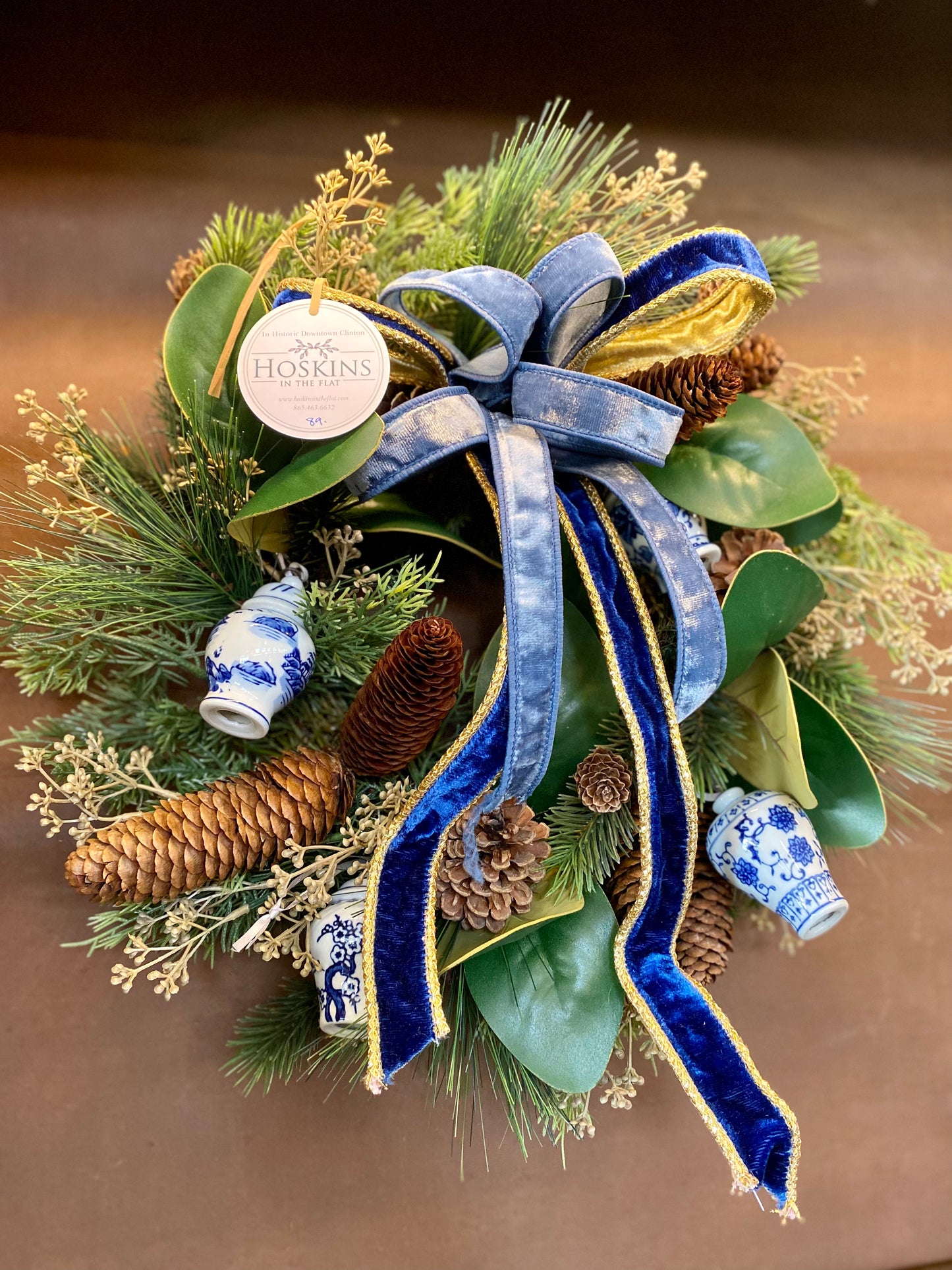 Blue Velvet & Pine Cones Wreath