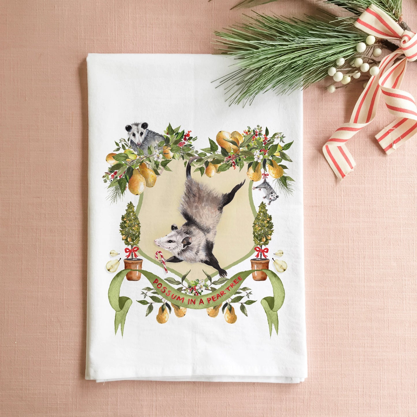 Possum in a Pear Tree Christmas Tea Towel