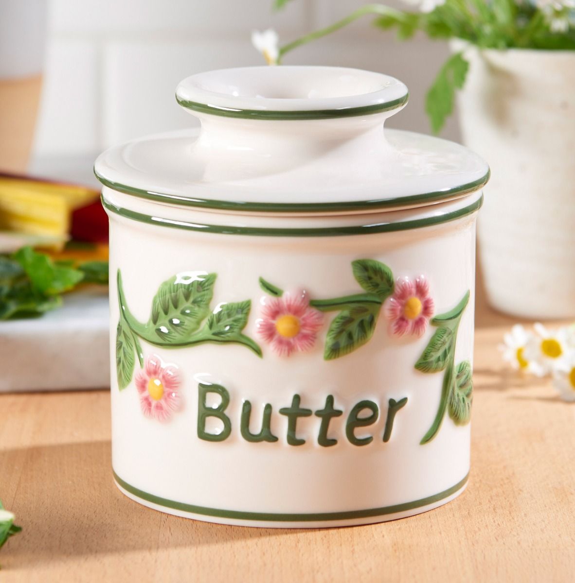 The Original Hand Painted Raised Floral Butter Bell Crock